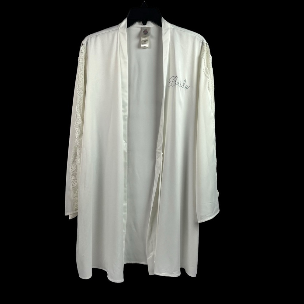 In Bloom by Jonquil Bride Satin Robe Ivory Lace Sleeves Tie Belt Medium/Large - Picture 2 of 12
